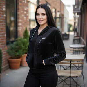 PINK Victoria’s Secret ✦ Black Velvet Full Zip Hoodie ✦ Kangaroo Pockets XS